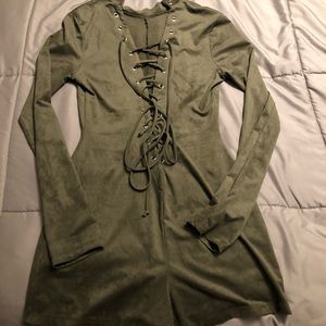 Suede olive green long sleeve romper